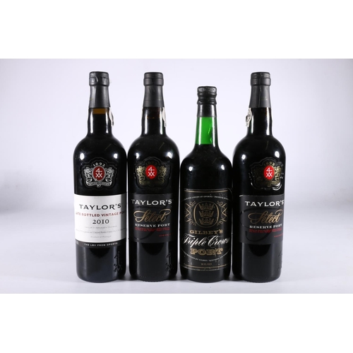 308 - GILBEY'S Triple Crown vintage port 26 fl ozs, TAYLOR'S 2010 LBV port 20% abv, 70cl, and two bottles ... 