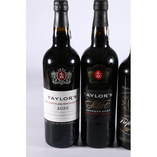 308 - GILBEY'S Triple Crown vintage port 26 fl ozs, TAYLOR'S 2010 LBV port 20% abv, 70cl, and two bottles ... 