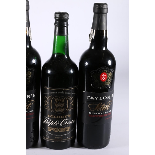 308 - GILBEY'S Triple Crown vintage port 26 fl ozs, TAYLOR'S 2010 LBV port 20% abv, 70cl, and two bottles ... 