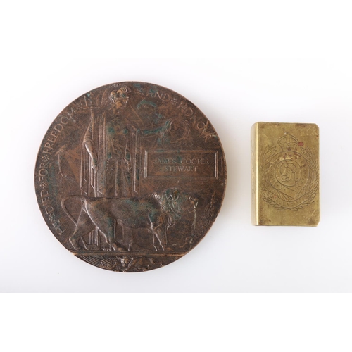 749 - WWI bronze death plaque [JAMES COOPER STEWART] and a WWI brass trench art vesta or matchbox holder i... 