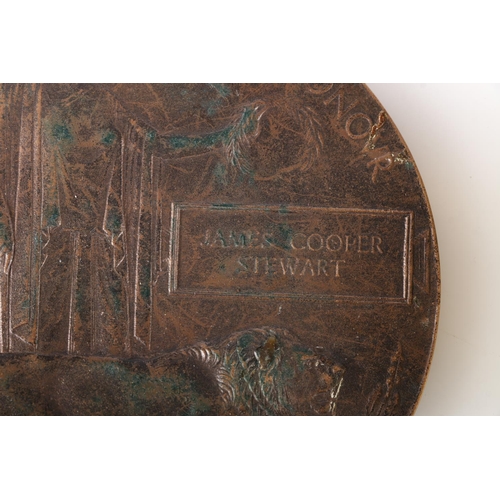 749 - WWI bronze death plaque [JAMES COOPER STEWART] and a WWI brass trench art vesta or matchbox holder i... 