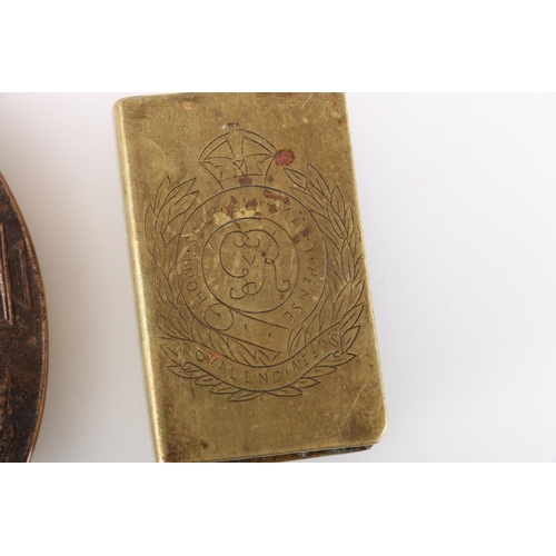 749 - WWI bronze death plaque [JAMES COOPER STEWART] and a WWI brass trench art vesta or matchbox holder i... 