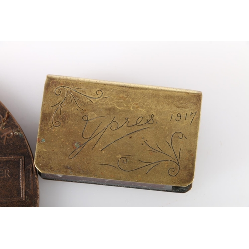 749 - WWI bronze death plaque [JAMES COOPER STEWART] and a WWI brass trench art vesta or matchbox holder i... 