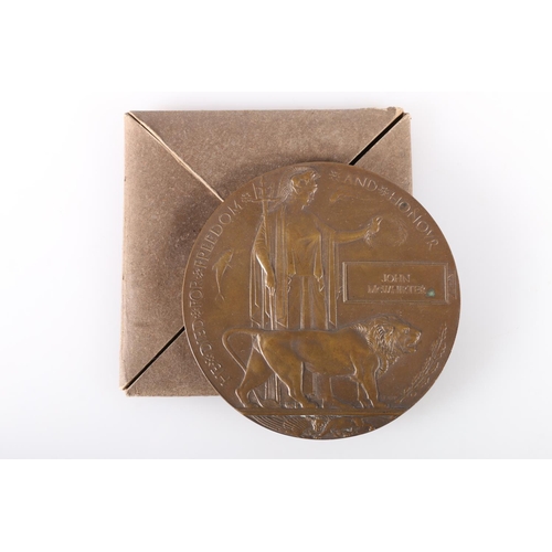 750 - WWI bronze death plaque [JOHN MCWHIRTER] in carboard issue envelope. 