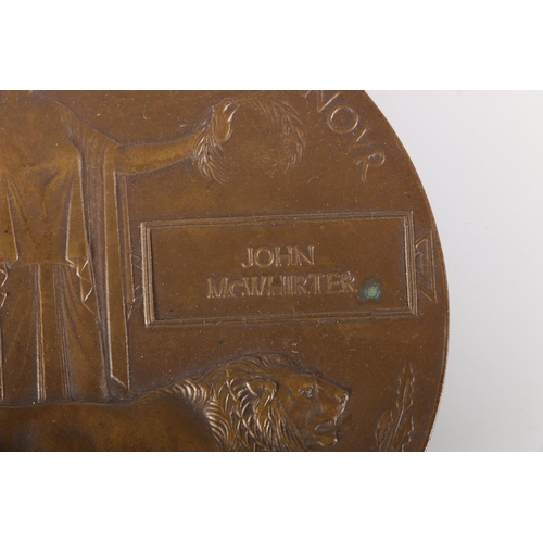 750 - WWI bronze death plaque [JOHN MCWHIRTER] in carboard issue envelope. 