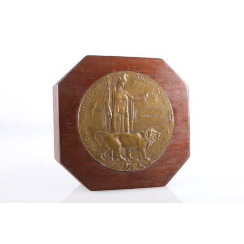 751 - WWI bronze death plaque [DAID LISTER] set into a mahogany block. 