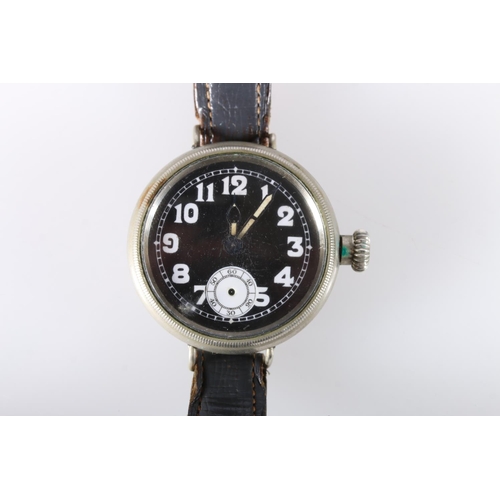 799 - Military wristwatch, the black enamel dial with white Arabic numerals and subsidiary seconds dial, l... 