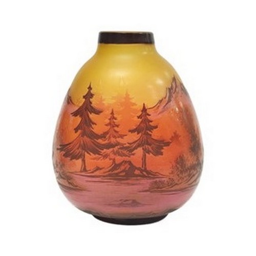 183 - In the manner of Galle Art glass cameo vase, with overlaid woodland scene to the amber coloured grou... 