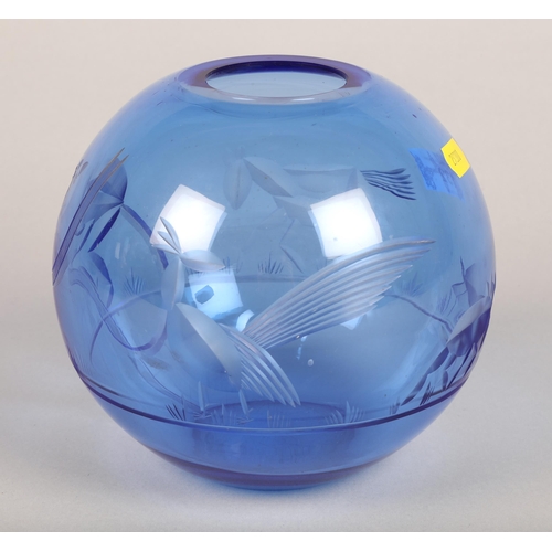 132 - Blue glass bowl with animal etchings