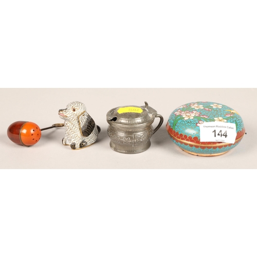 144 - Cloisonne dog and trinket dish with vintage condiment shaker and pewter salt pot