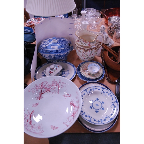 103 - Group of Victorian and later pottery to include a toilet jug, 'Willow' pattern tureen, ashet, Cauldo... 