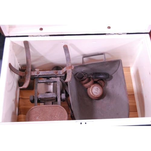 105 - Painted wooden tool chest containing a set of vintage scales and another painted tool chest.