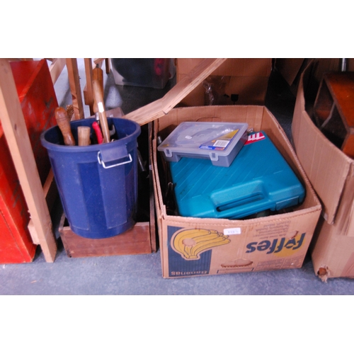 115 - Large collection of tools to include a toolbox and contents, Makita drill, loppers etc.