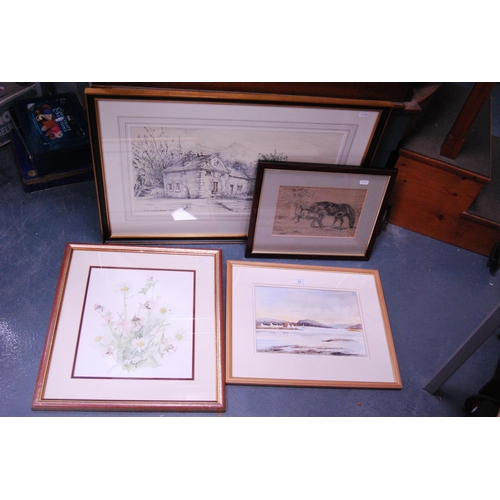 32 - Group of pictures to include a watercolour of Plockton Bay by Margaret S Gillie, horses, still life ... 
