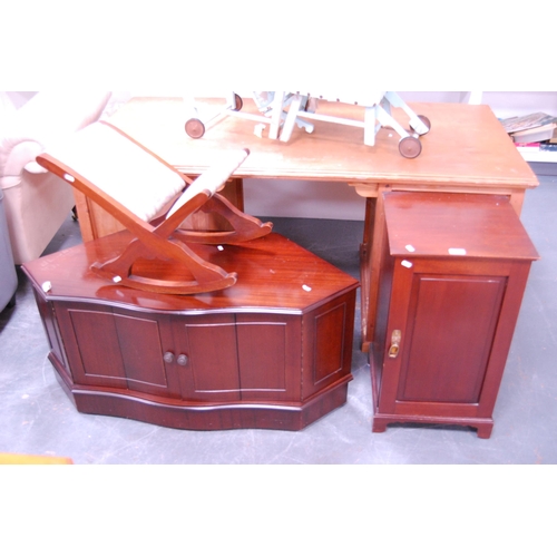 374 - Mahogany bedside cabinet, gout stool and a reproduction television/media cabinet.