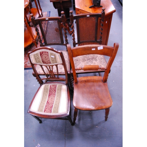 375 - Pair of bergère-back dining chairs, a solid-seat kitchen chair and an upholstered Edwardian b... 