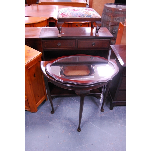 378 - Reproduction open bookcase, reproduction demi-lune hall table, a stool and a wall mirror.  (4)