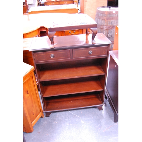 378 - Reproduction open bookcase, reproduction demi-lune hall table, a stool and a wall mirror.  (4)