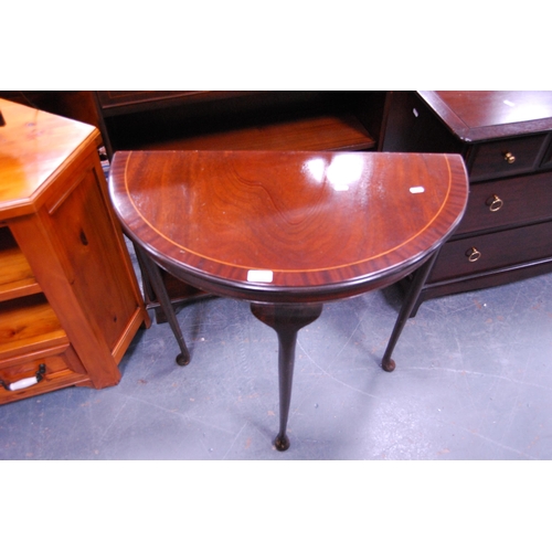 378 - Reproduction open bookcase, reproduction demi-lune hall table, a stool and a wall mirror.  (4)