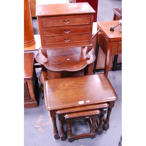 382 - Oak nest of three tables, Art Deco-style walnut book table and a teak sewing chest.