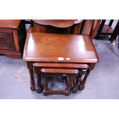 382 - Oak nest of three tables, Art Deco-style walnut book table and a teak sewing chest.