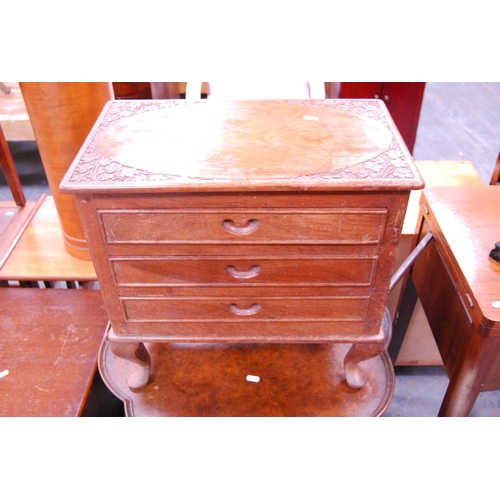 382 - Oak nest of three tables, Art Deco-style walnut book table and a teak sewing chest.