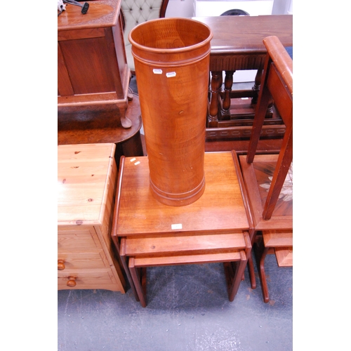 387 - Retro teak nest of three tables, piano stool and a cylindrical stick stand.