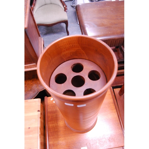 387 - Retro teak nest of three tables, piano stool and a cylindrical stick stand.