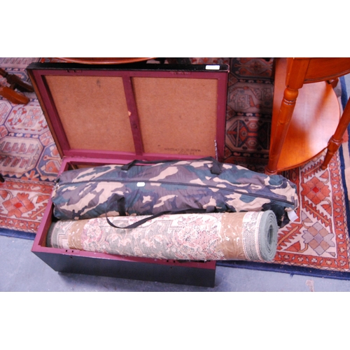 392 - Painted tool chest containing storage jar, tent, rug etc.