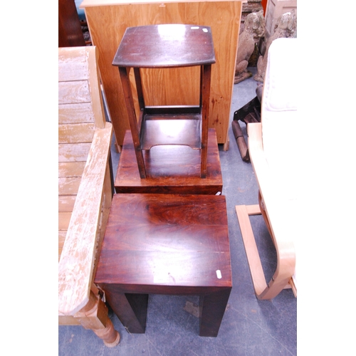 399 - Pair of modern hardwood lamp tables and a small plant stand.  (3)