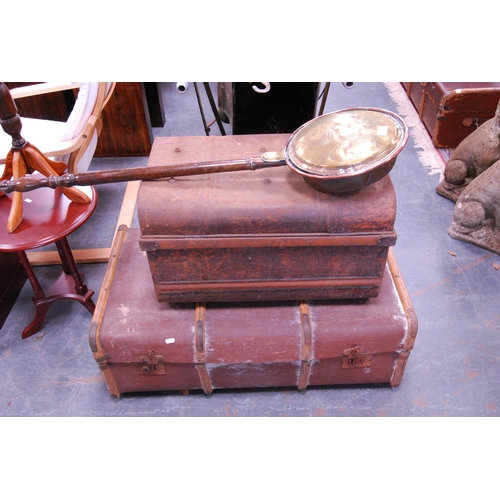 401 - Wood-bound travel trunk, tin trunk and a copper and brass bed warming pan.