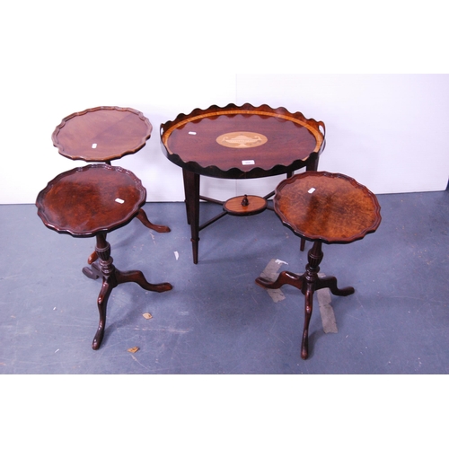 409 - Reproduction tray-top occasional table and three wine tables.  (4)