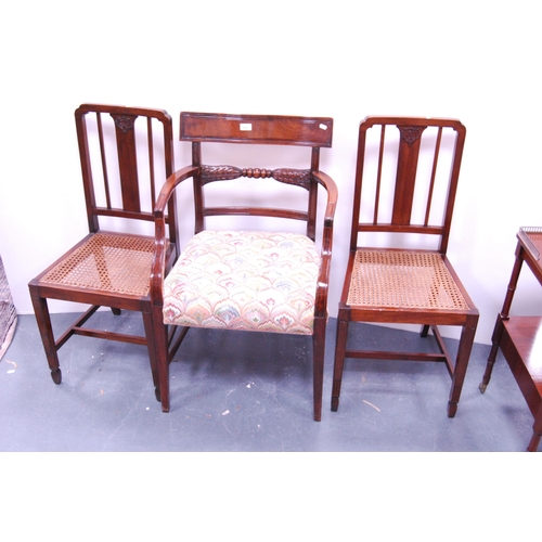 410 - Victorian-style mahogany carver armchair with stuff-over seat, and a pair of parlour chairs with ber... 