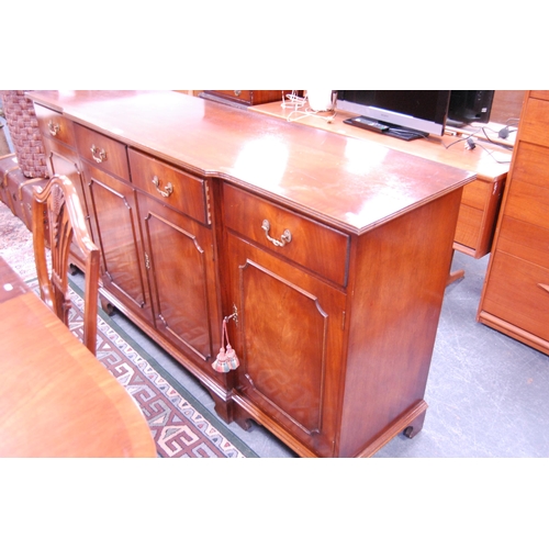 419 - Bevan-Funnell Reprodux composite mahogany dining room suite comprising a breakfront sideboard, twin-... 