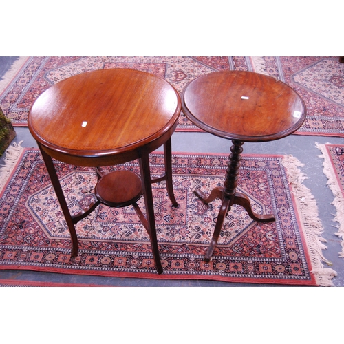 429 - Antique mahogany tripod table on ring column support and an inlaid mahogany two-tier occasional tabl... 