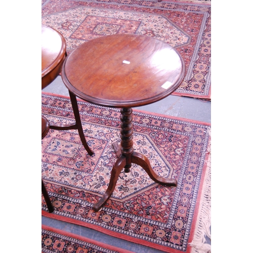 429 - Antique mahogany tripod table on ring column support and an inlaid mahogany two-tier occasional tabl... 