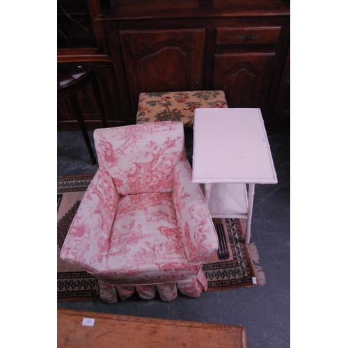 433 - Painted wicker occasional table, mahogany dressing stool on pad feet and an upholstered armchair.&nb... 