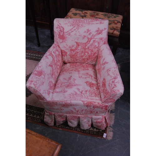 433 - Painted wicker occasional table, mahogany dressing stool on pad feet and an upholstered armchair.&nb... 