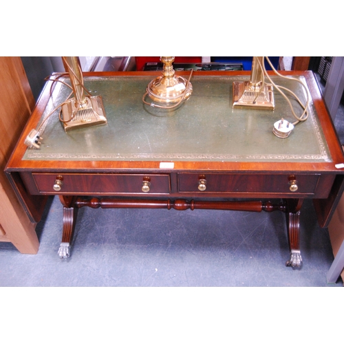 457 - Reproduction mahogany two-drawer sofa table with tooled leather inset.