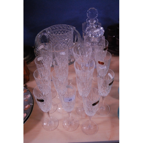 46 - Group of crystal and cut glass to include two decanters and stoppers, large bowl, jug and a set of t... 