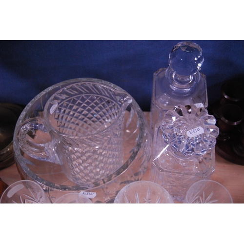 46 - Group of crystal and cut glass to include two decanters and stoppers, large bowl, jug and a set of t... 