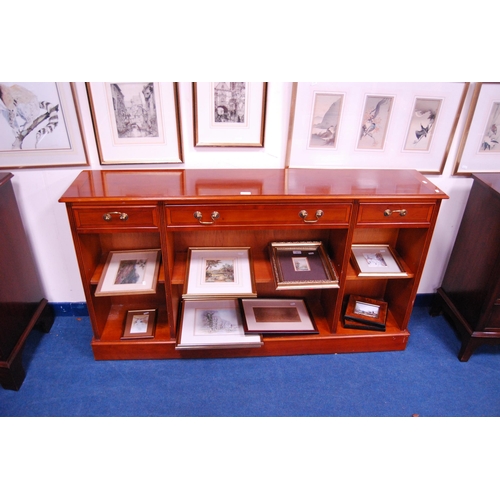 460 - Modern yew wood low open display cabinet.