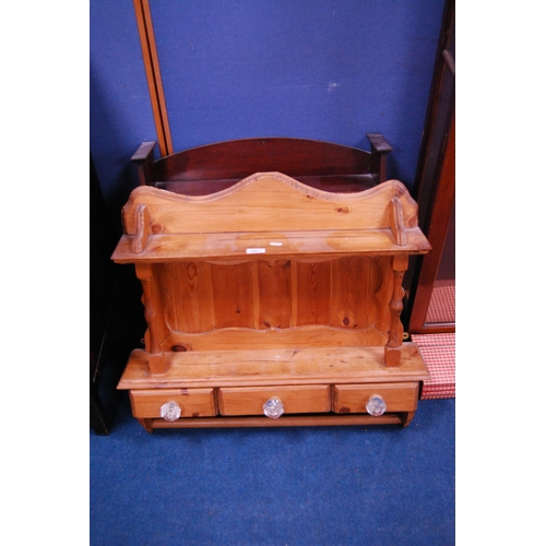 465 - Pine wall rack with drawers and a mahogany wall shelf.  (2)