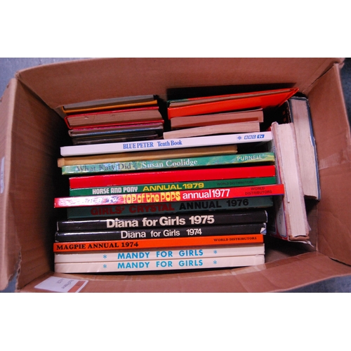 49 - Four cartons of books to include children's annuals, Reader's Digest books, Ordnance Survey maps, al... 