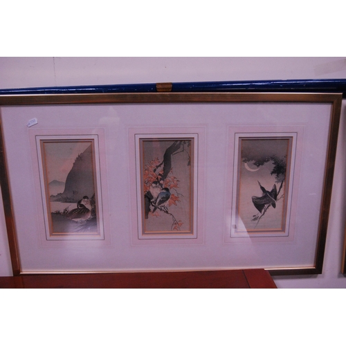 5 - Pair of Oriental triptych drawings on paper depicting birds and swans in landscape scenes, in later ... 