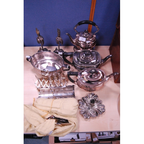 60 - EP to include tea kettle on stand, teapots, candlesticks, extending folding toast rack, pair of cand... 