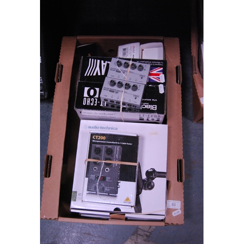 63 - Carton containing music equipment to include Audio-Technica microphones, no. A2020, boxed Blackstar ... 