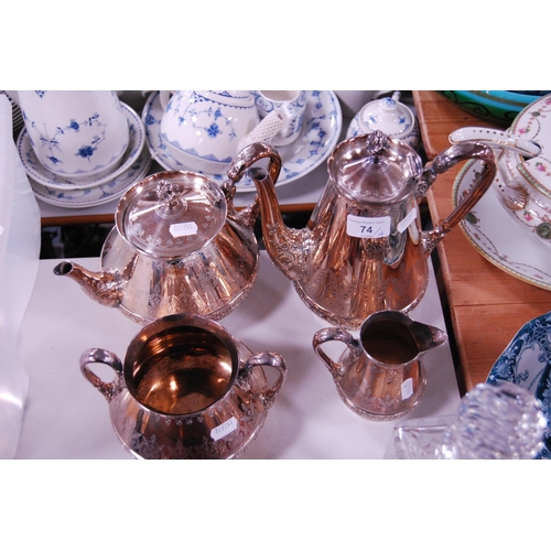 74 - Antique four-piece EP tea set by Elkington & Co., with etched decoration comprising a teapot, ho... 