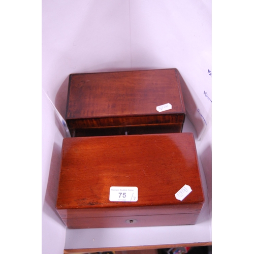 75 - Two 19th century portable mahogany collector's boxes (lacking interiors), one with key.  (2)