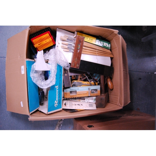 77 - Carton containing miscellaneous tools to include T-squares, mallets, drill bits, Record plane, acces... 